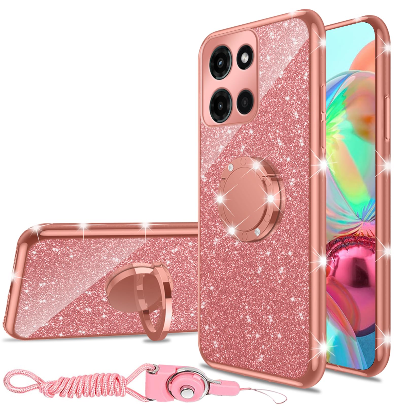 nancheng for 6.7-inch Motorola Moto G 5G 2025 / Moto G Play 5G 2025 Phone Case Girls Women Cute Glitter Soft Silicone Clear Case with Ring Stand Strap