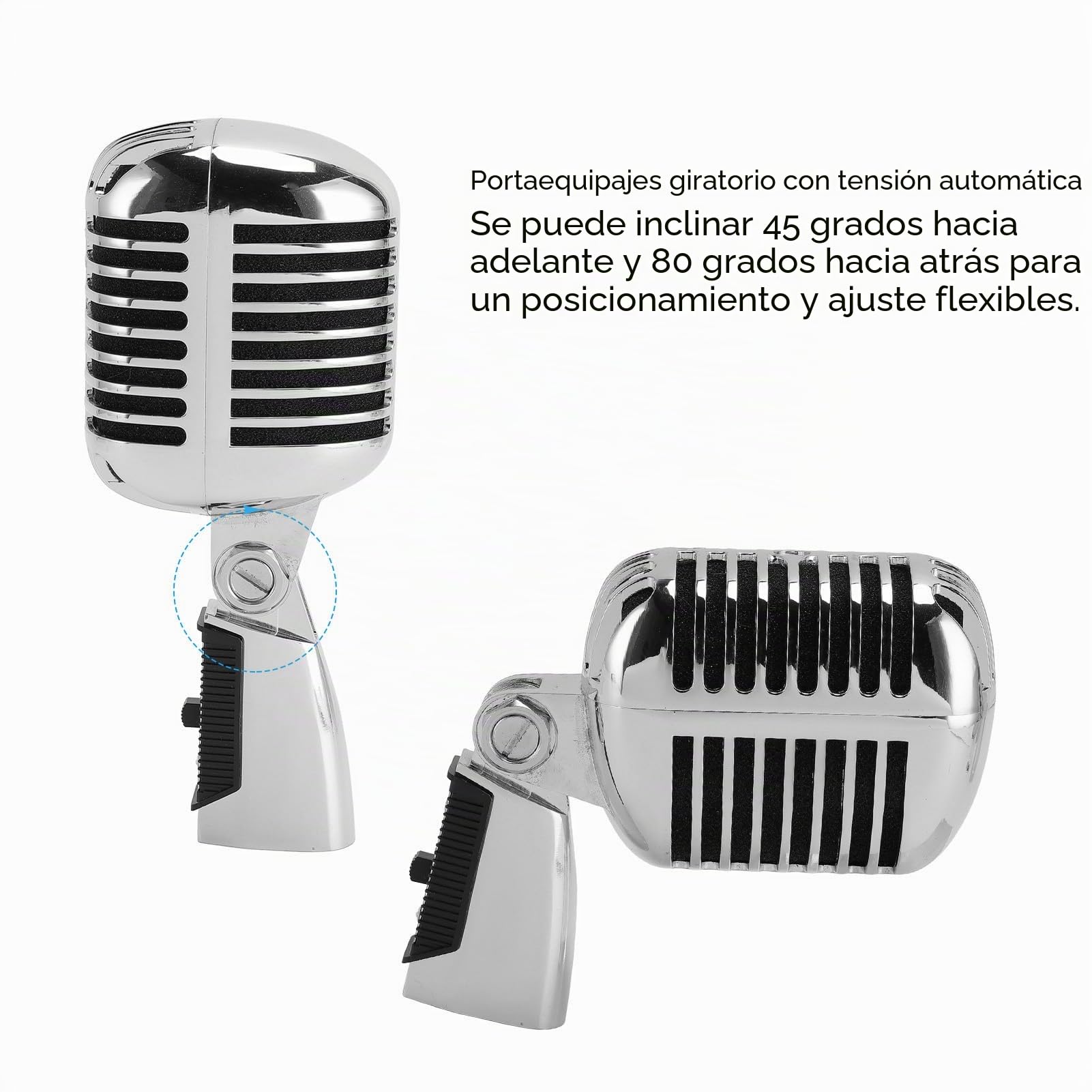 Micrófono Vintage, Micrófono Profesional para Cantar, Estante Giratorio Autotensor de Aleación de Zinc, Micrófono Vocal Dinámico Retro (Silver)