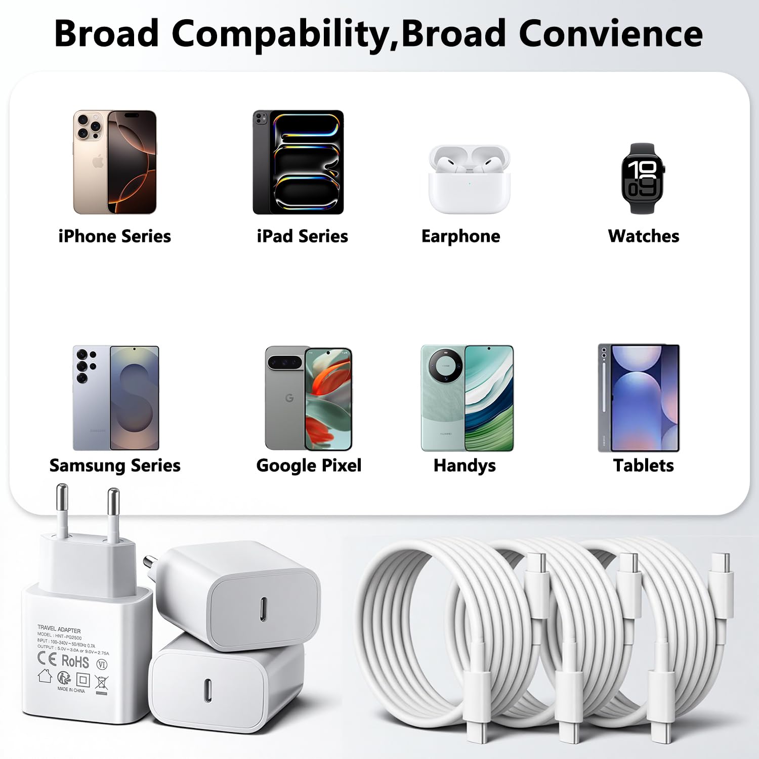 [3 pezzi] Caricatore USB C 25 W, caricabatterie rapido PD3.0 USB C spina tipo C cellulare alimentatore di rete con cavo da 2m, compatibile con iPhone 16/16 Plus/16 Pro Max/15/15 Plus/Galaxy S23