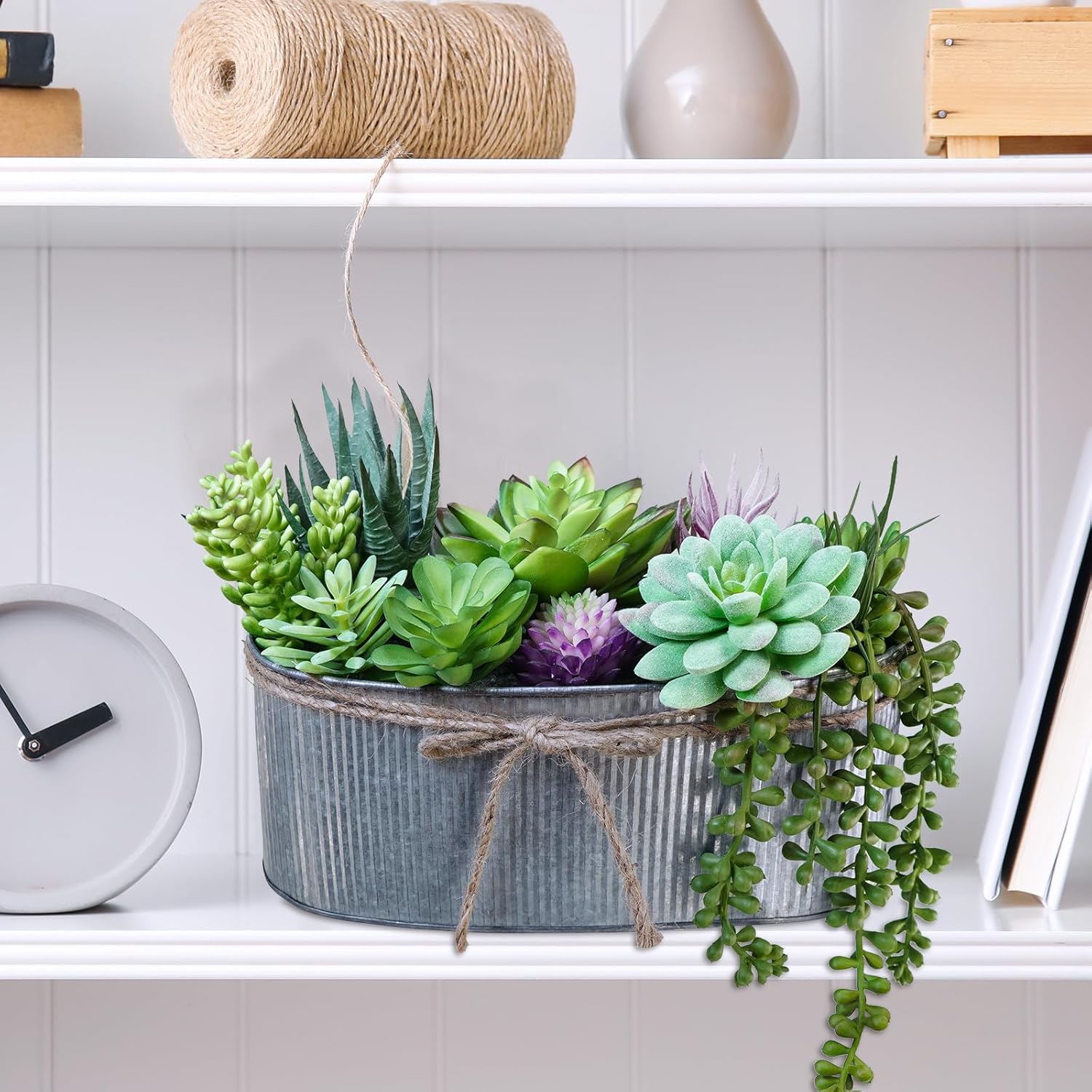 Winlyn 10" Artificial Succulent Arrangement Centerpiece Fake Succulent Plants in Rustic Metal Oval Planter Faux Potted Succulents for Home Office Bedroom Table Windowsill Shelf Mantel Decor - Image 8