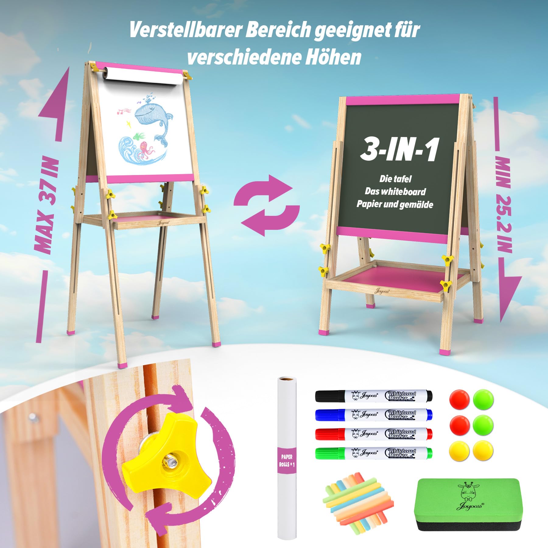 Joyooss Kunststaffelei für Kinder, verstellbares stehendes Holz-Zeichenbrett für Kleinkinder, doppelseitig, trocken abwischbar, mit Malzubehör, Geschenk und Kunstbedarf für Kleinkinder 4-8 (PINK)