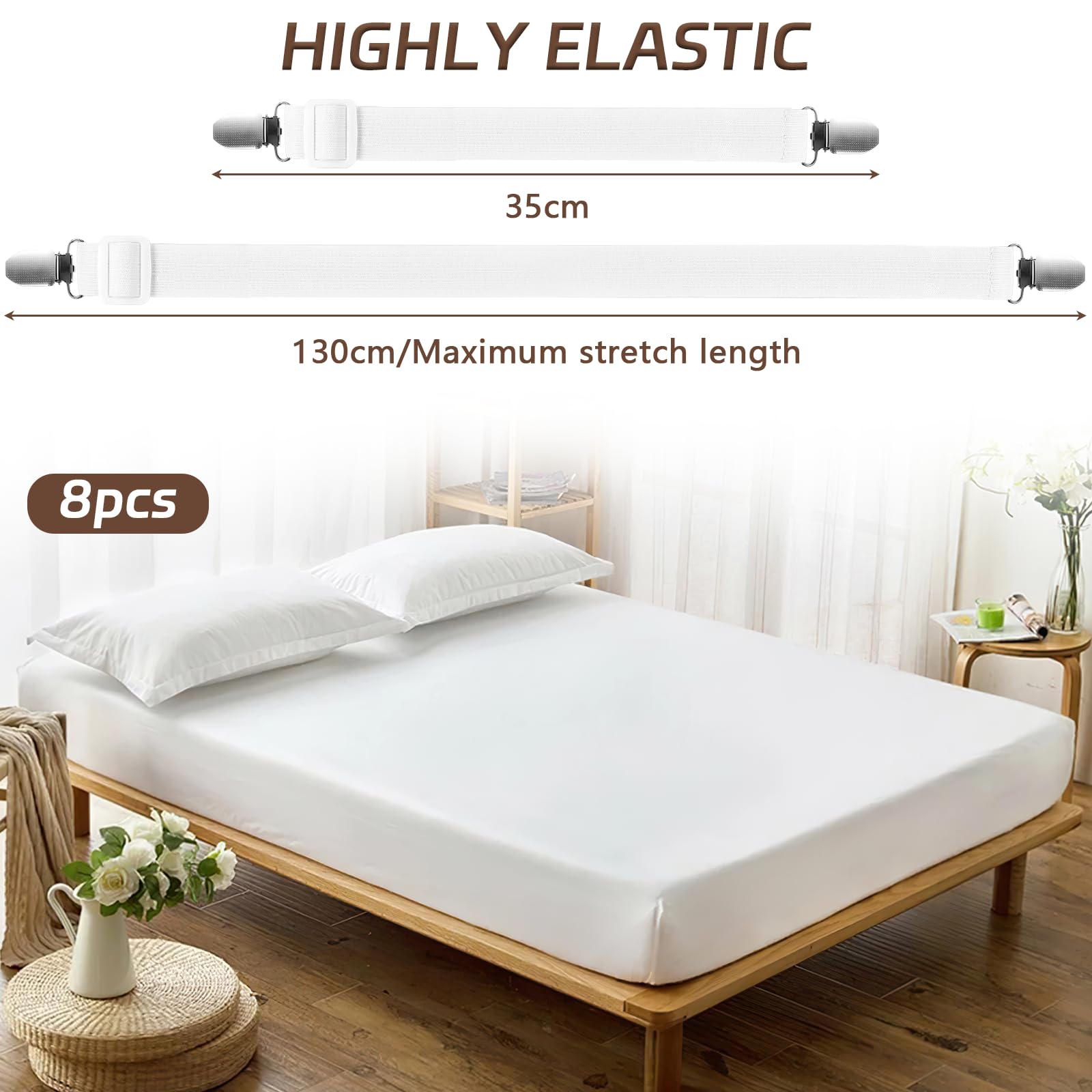 10 Clip Ferma Lenzuola Elastiche Regolabili Fino A 130 Cm - Nylon E Metallo - Per Letto, Divano E Coprimaterassi - 3