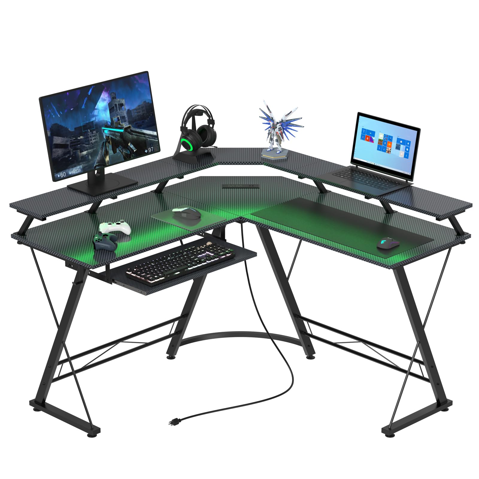 VidaTeco L Shaped Gaming Desk With Desk Extender, 120-150cm Smart Corner Computer Desk With LED Lights & Power Outlets, Monitor Stand, Storage Bag - View #9