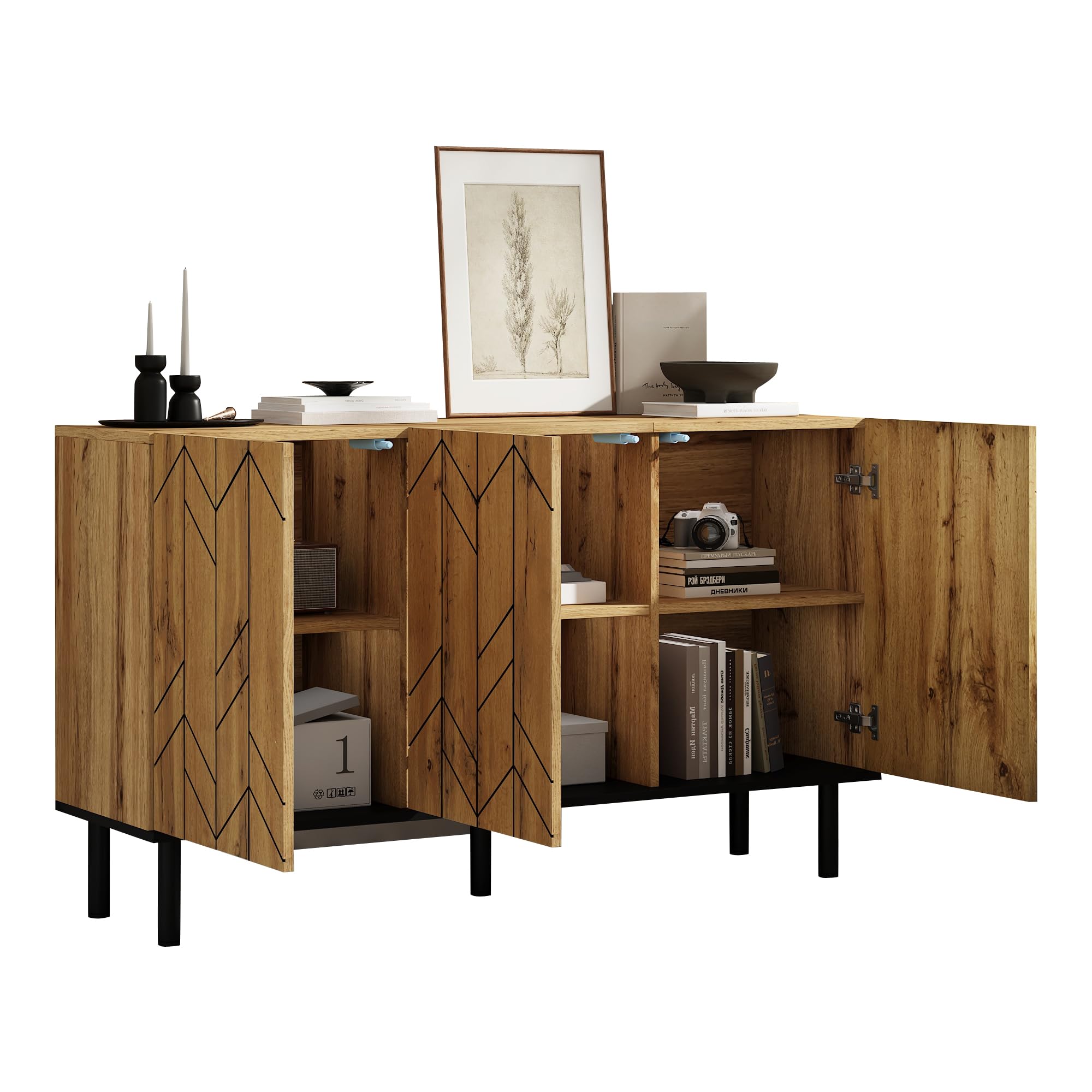 MURUL Aparador moderno de 120 x 35 x 70 cm, con 3 puertas y taquillas, diseño ondulado, de madera aglomerada resistente con patas de metal, soporta hasta 50 kg, para salón, comedor, pasillo, color