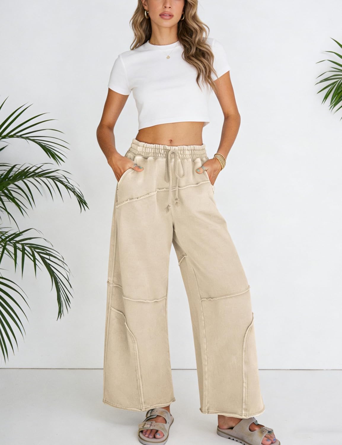 Athlisan Womens Casual Wide Leg Sweatpants High Waist Acid Wash Palazzo Pants with Pockets - Image 7