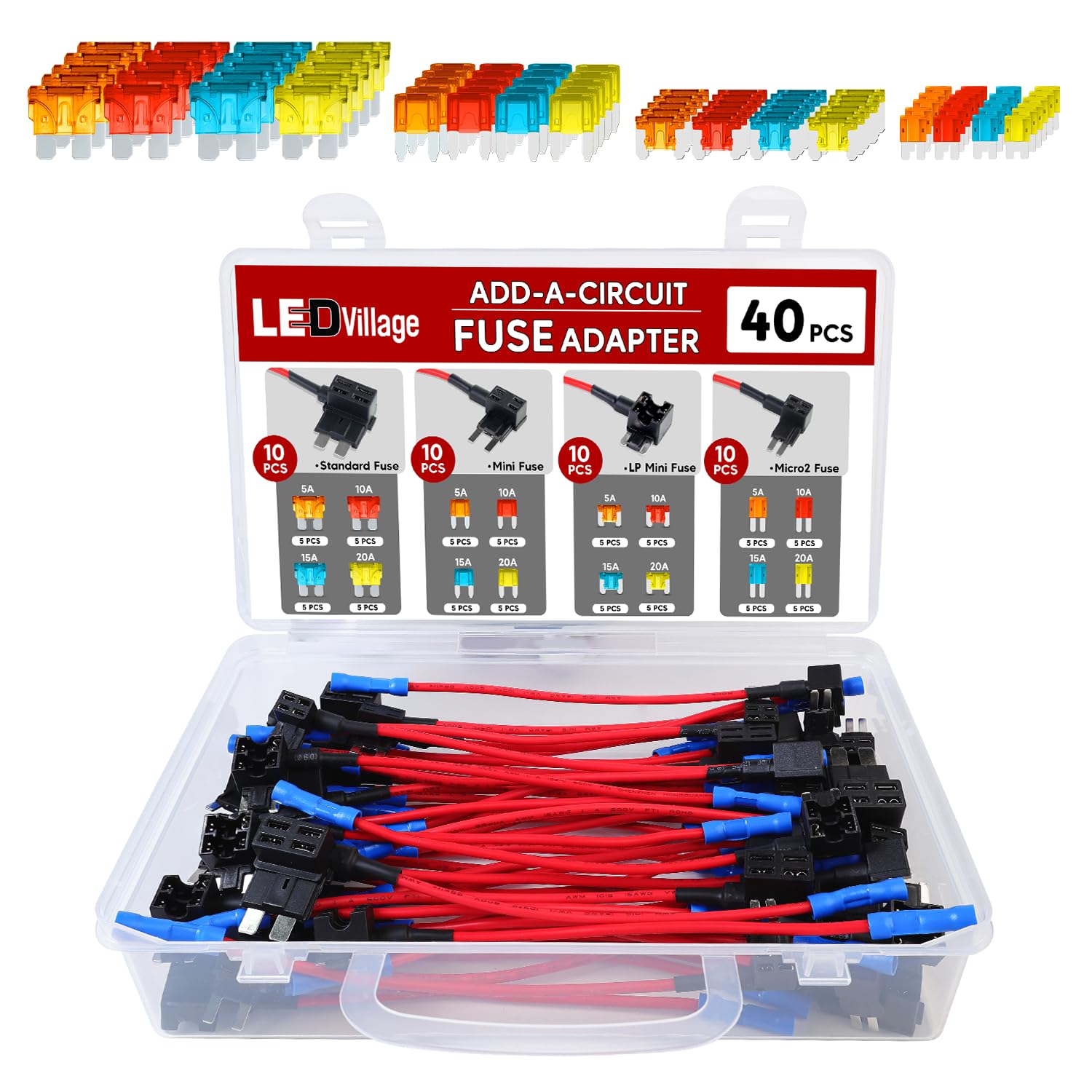 40 PCS Fuse Tap Assortment Kit – ATO/ATC, Mini, Low Profile Mini, Micro2 – 12V Add-a-Circuit Blade Fuse Holder Set with Fuses for Car & Wiring Projects