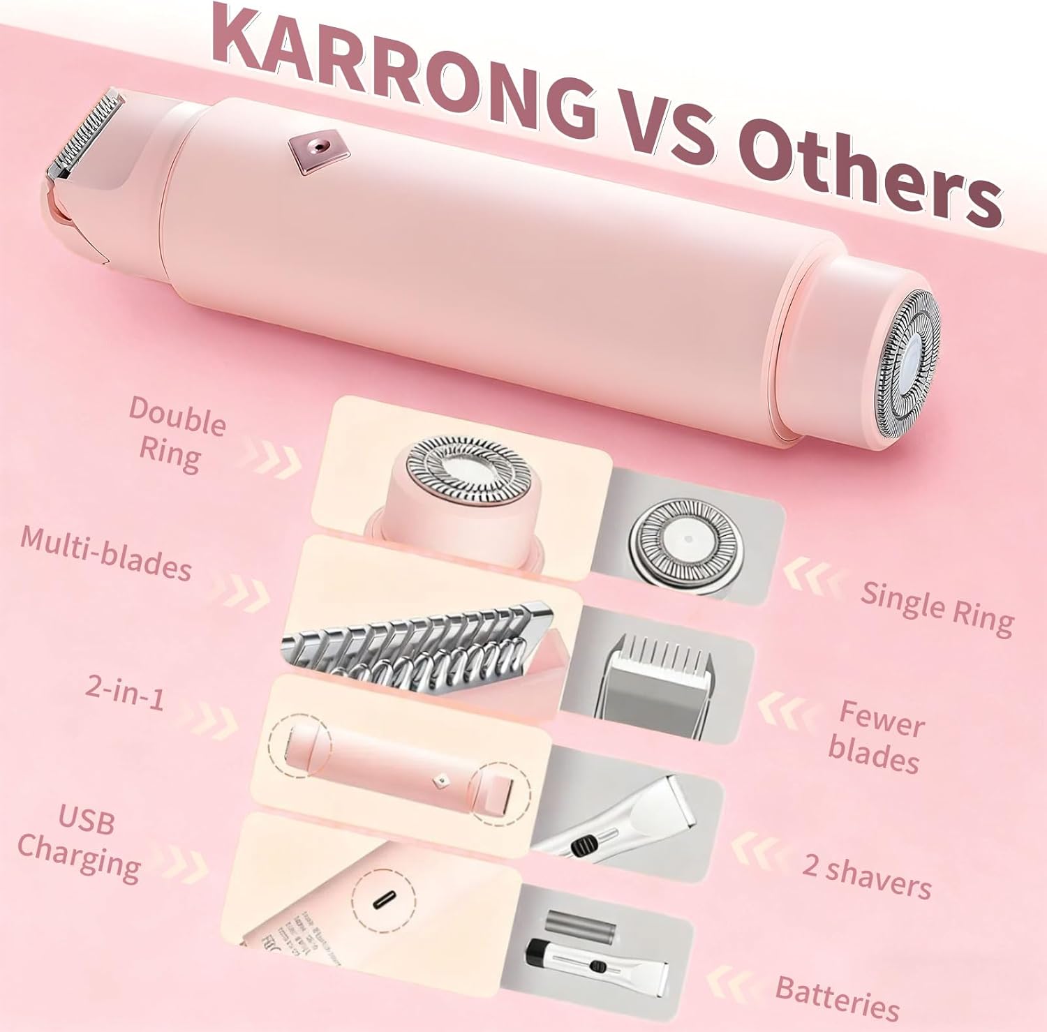 2 in 1 Bikini Trimmer for Women, Painless Waterproof Electric Razors for Women, Dual Head Travel Electric Shaver for Facial Legs Armpits Body Hair Remover, Rechargeable Pubic Hair Trimmer, Pink - Image 7