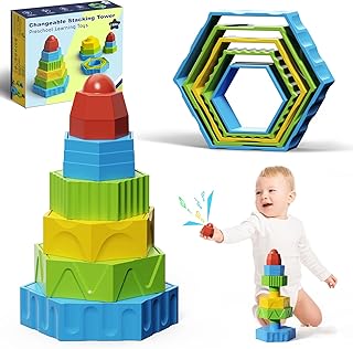 Baby Blocks for Toddlers 1-3, Stacking Toys Building Blocks for Babies 6 9 12 18 Months, Montessori Toys for 1 2 Year Old Boy Girl Birthday Gifts,STEM Sensory Preschool Learning Toys for Infant rattle