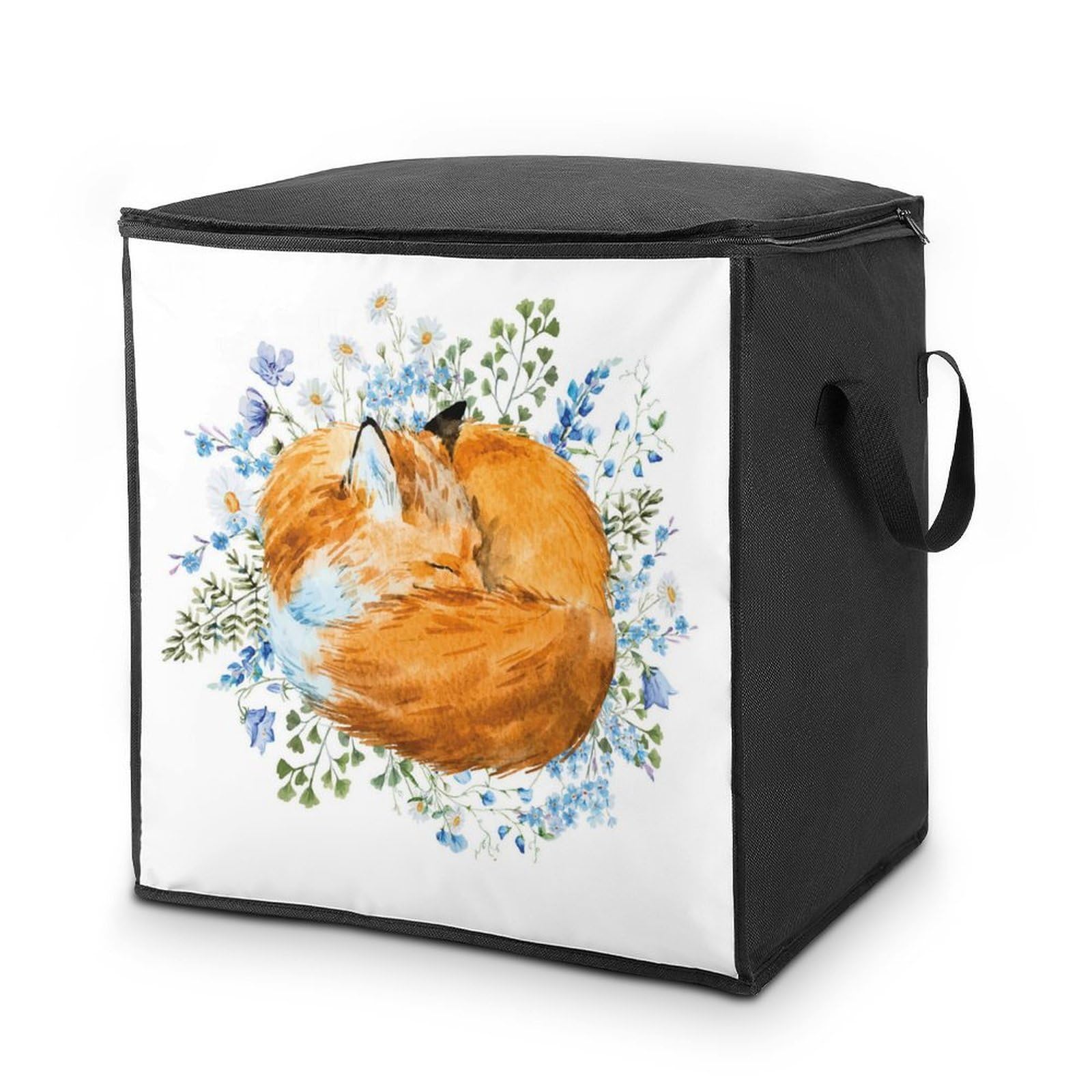 Lyfthologen 70L Storage Bags, Watercolor Foxes Storage Box with Lid Zipper And Handles, Clothes Bags for Quilt, Blankets, Bedding