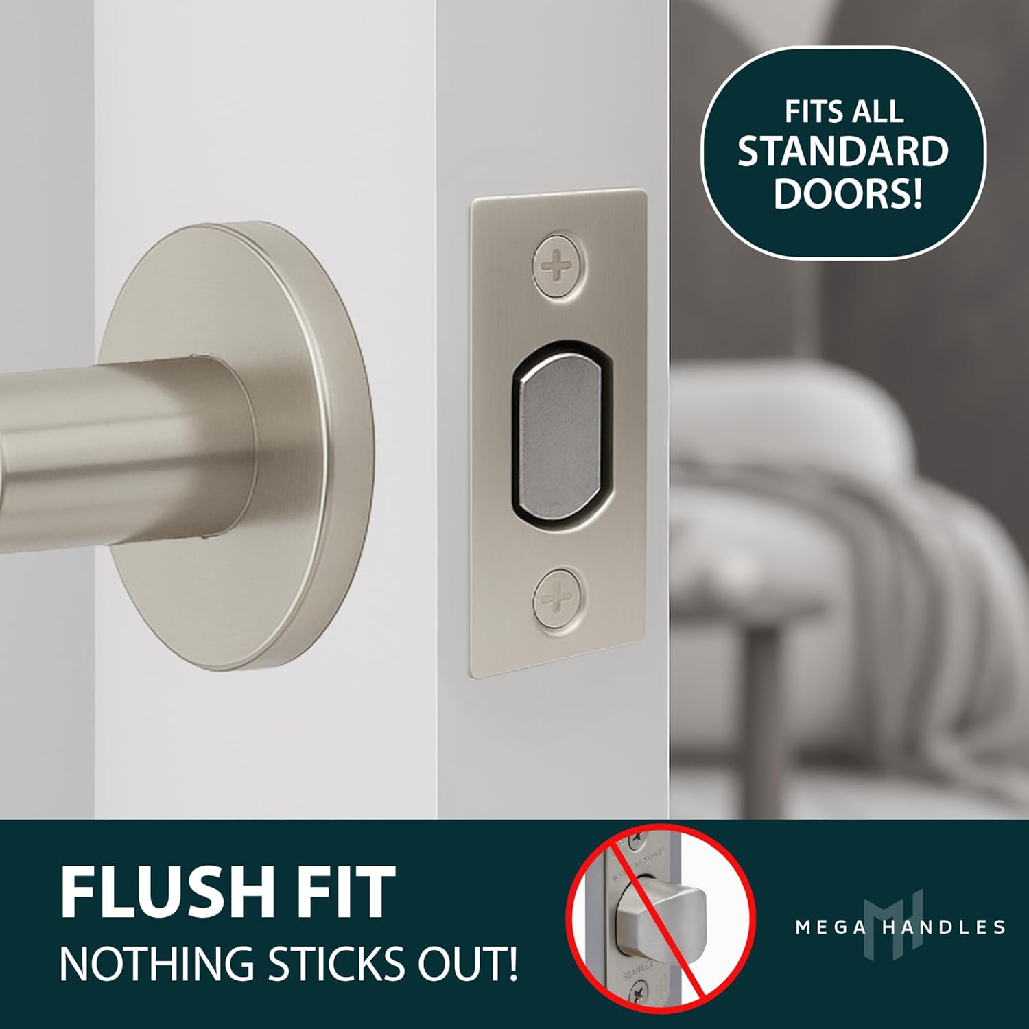 Mega Handles Magnetic Tubular Door Latch - Magnetic Exterior Door Latch, Standard Door Latch Replacement Suitable Only with Square Spindle for Most Brands - Satin Nickel