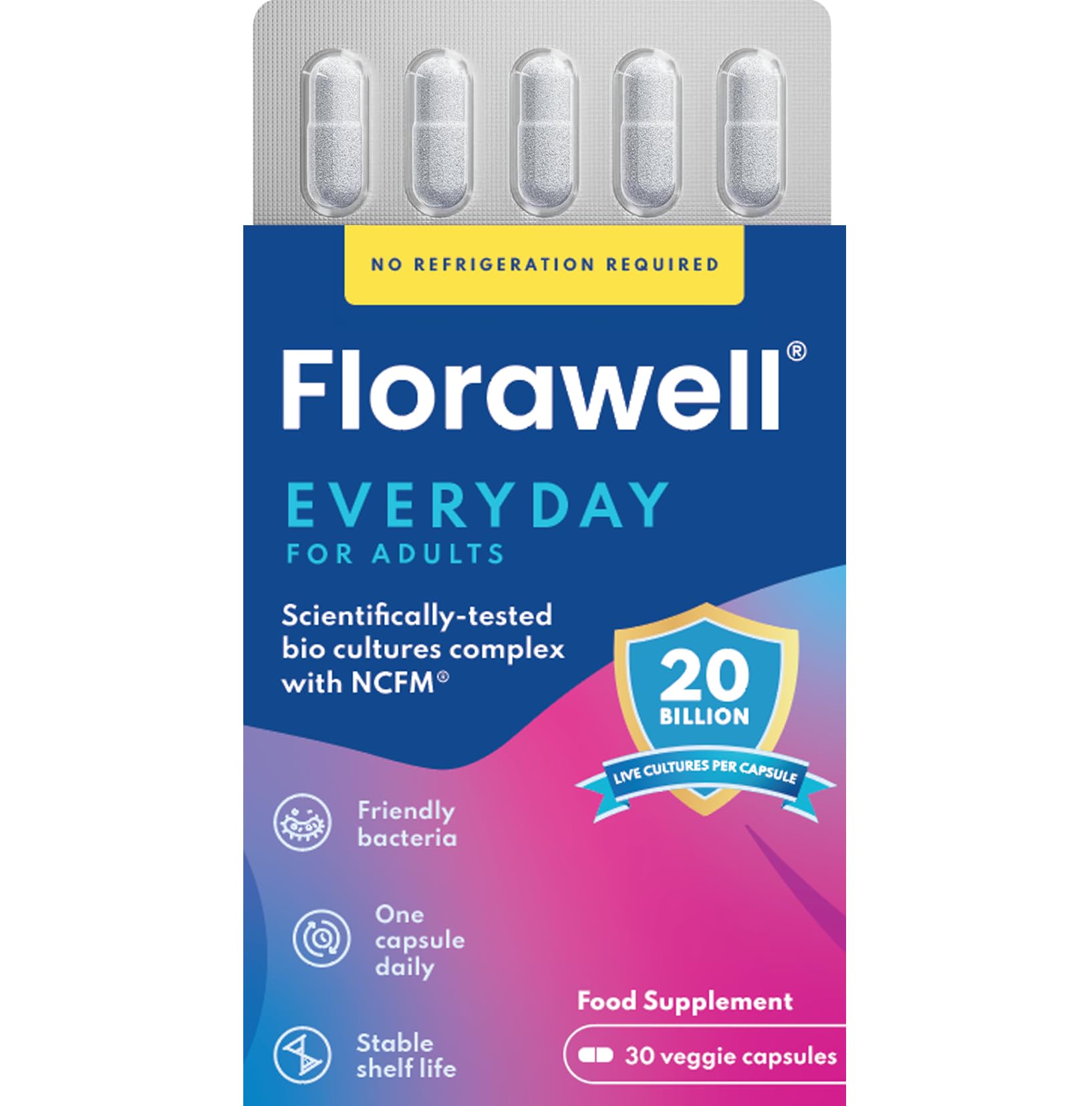 Florawell® Daily Probiotics for Digestive & Gut Health - Includes World's Most Highly Researched Strain Lactobacillus Acidophilus NCFM® - 20 Billion Live Cultures - 30 Oral Capsules