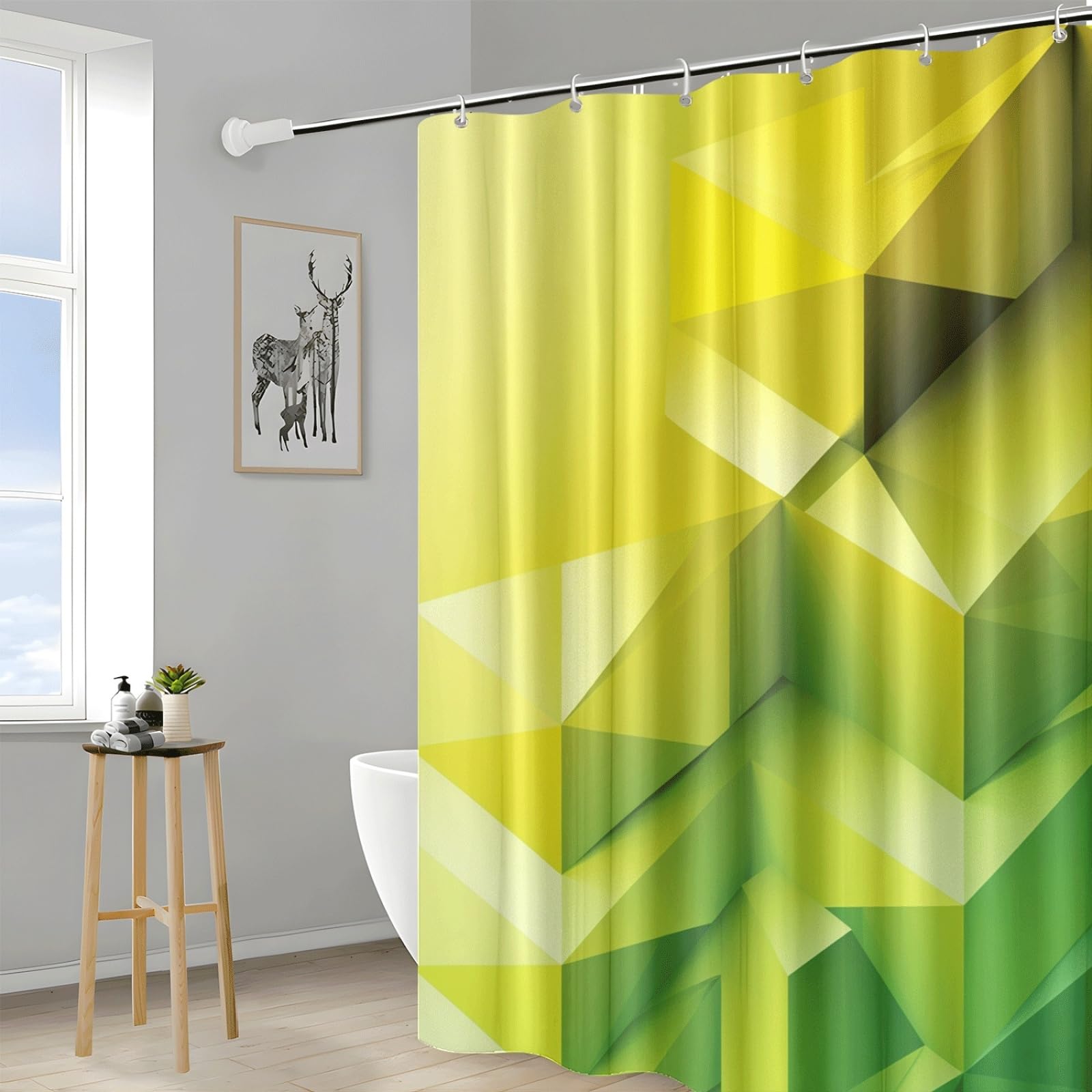 Cortina de Ducha Geométrico Verde Cortina Baño Antimoho Impermeable Tela Poliéster Lavable para Familiar Bañera Dormitorio Hotel Reutilizable Cortinas Ducha (180x220cm)