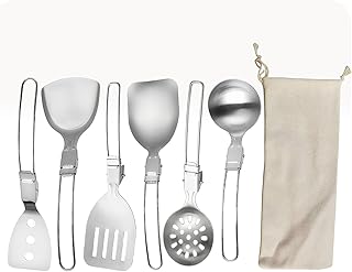 6Pcs Camping Cooking Utensil Set，Camp Kitchen Utensil Set，Stainless Steel Portable Folding Outdoor Cooking Utensil for RV Car,Tent Campers,Outdoor Picnics BBQ