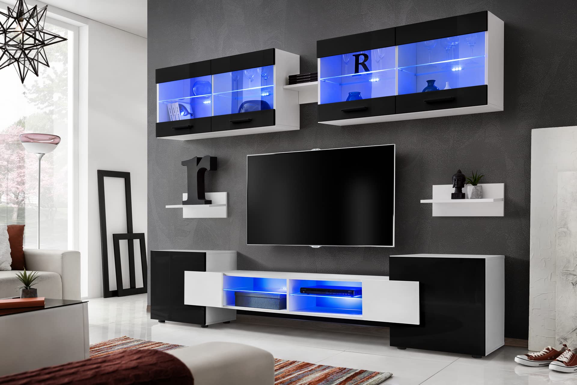 Komodee Wohnwand TV Foggia A1 Schwarz/Weiß 230x195x35 cm