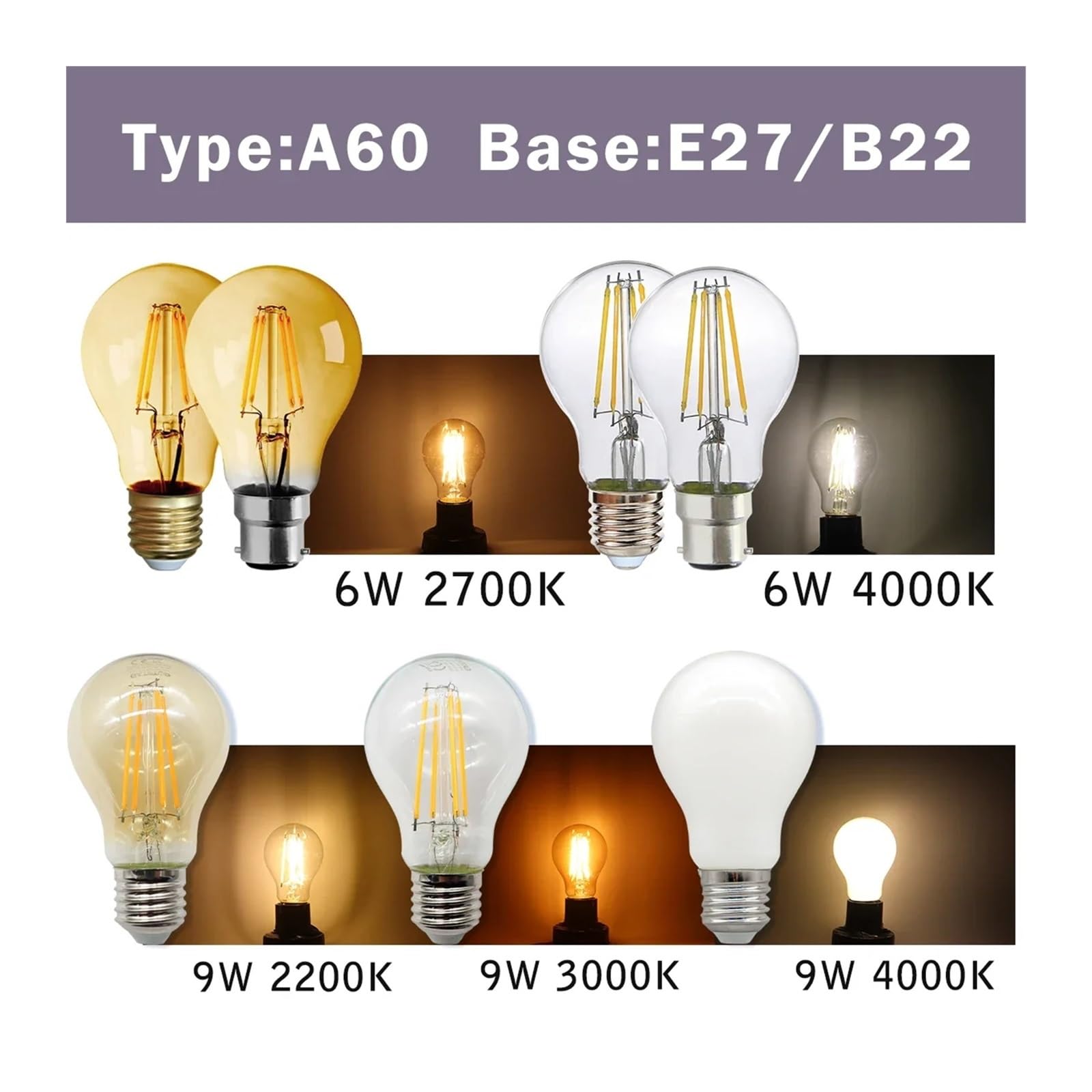 10 Bombillas LED Retro E27 E14 B22 de 220 V, filamento LED for el hogar, G45, A60, ST64, G80, G95, 2700 K, 4000 K.(A60 E27 4000K)