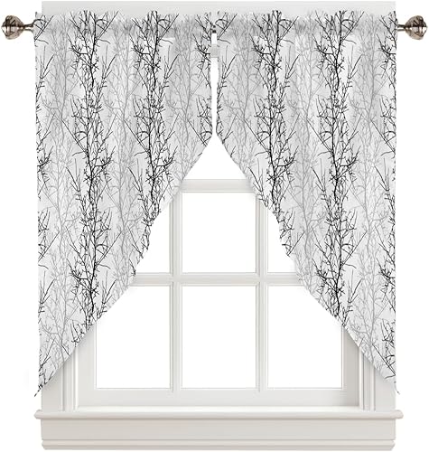 Cenefas con festón negro y gris para ventanas, cortinas botánicas pastorales para ventana de cocina sobre el fregadero, cortinas de tratamiento de