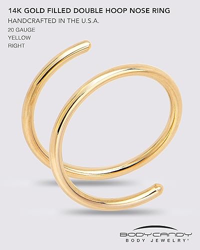 Miniatura 24 de Anillo de nariz doble chapado en oro de 14 quilates para mujeres y hombres, hipoalergénico en espiral, joyería de nariz para piercing individual
