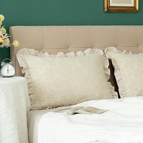 Miniatura 6 de Juego de 2 fundas de almohada de tela jacquard de lino y algodón lavado 100% algodón lavado retro con volantes ribete beige sólido fundas de