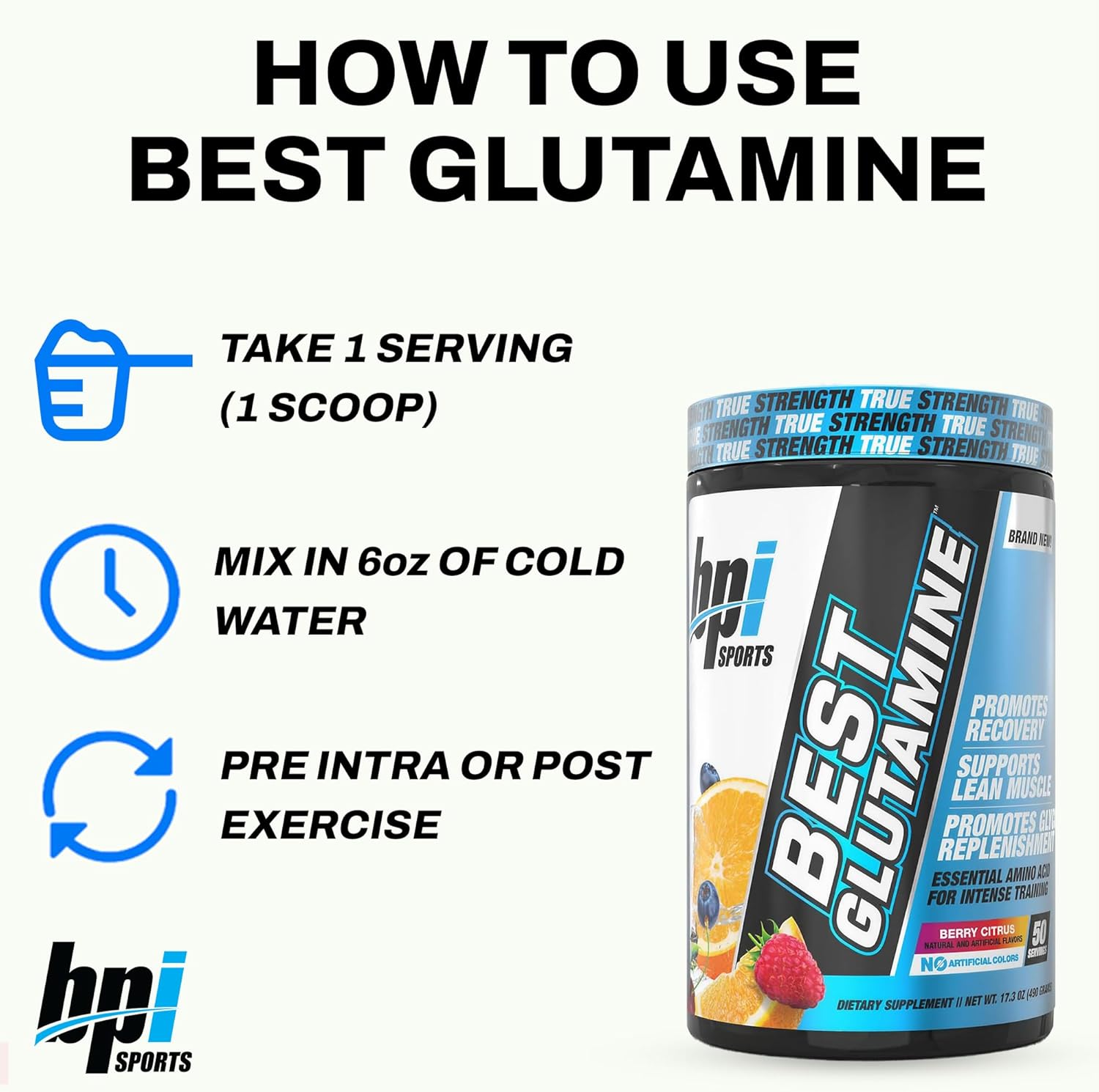 BPI Sports Best Glutamine Supplement, L Glutamine Powder for Gut Health, Muscle Recovery and Immune Support – 6 Advanced Glutamine Types + Vitamin C – 50 Servings – Berry Citrus Flavor