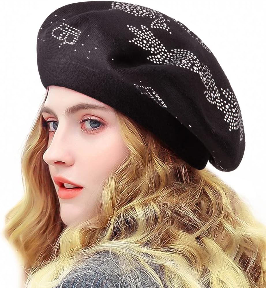 LADYBRO Rhinestone Beret Hats for Women 2 Layers Wool French Knit Cap Lady Winter Black