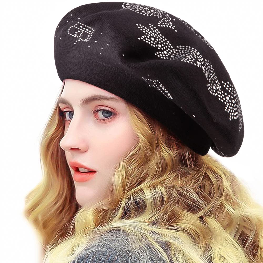 7944 Beret Women Winter Warm Hat For Lady Knit Cap Barrette (black-top Ladies Black Beret Kate Black Ladies Mink Beret Hat: main image 4