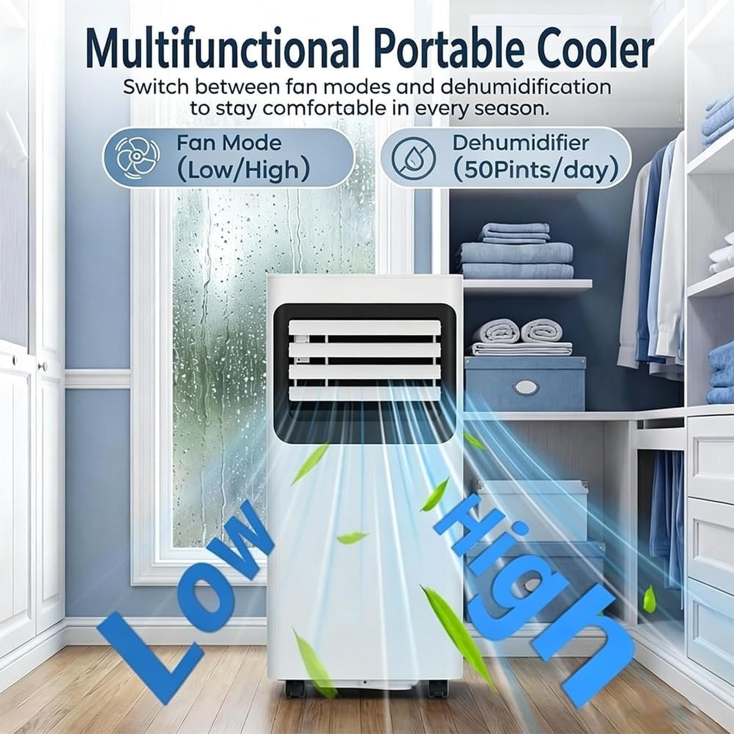 Aire Acondicionado Portátil 7000 BTU, 3 en 1 Unidad AC con Modos Enfriador Deshumidificador y Ventilador para Habitaciones hasta 32 m2, Aire Silencioso Móvil co