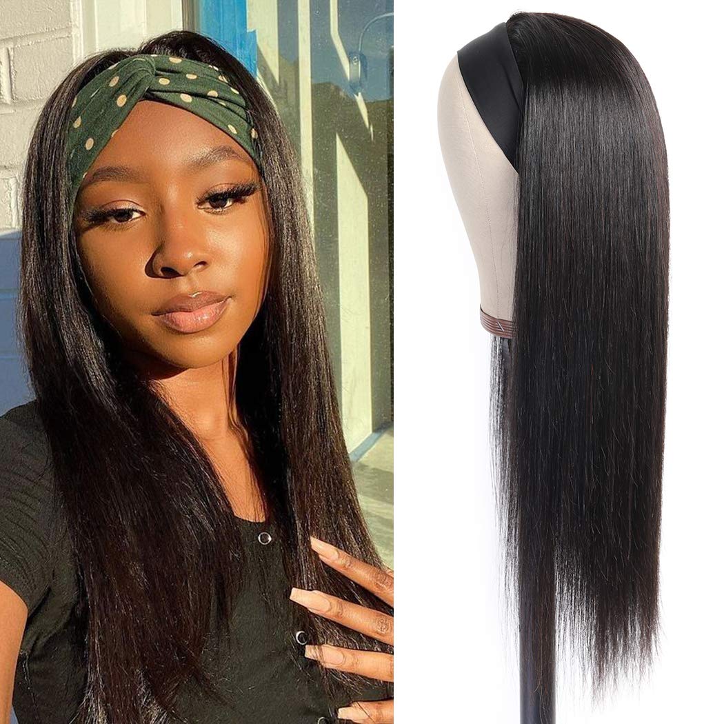 Headband Wig for Black Women Human Hair Staight Headband Wig Glueless None Lace Front Wigs 8A Peruvian Remy Hair Machine Made Headband Human Hair Wigs 16 Inch