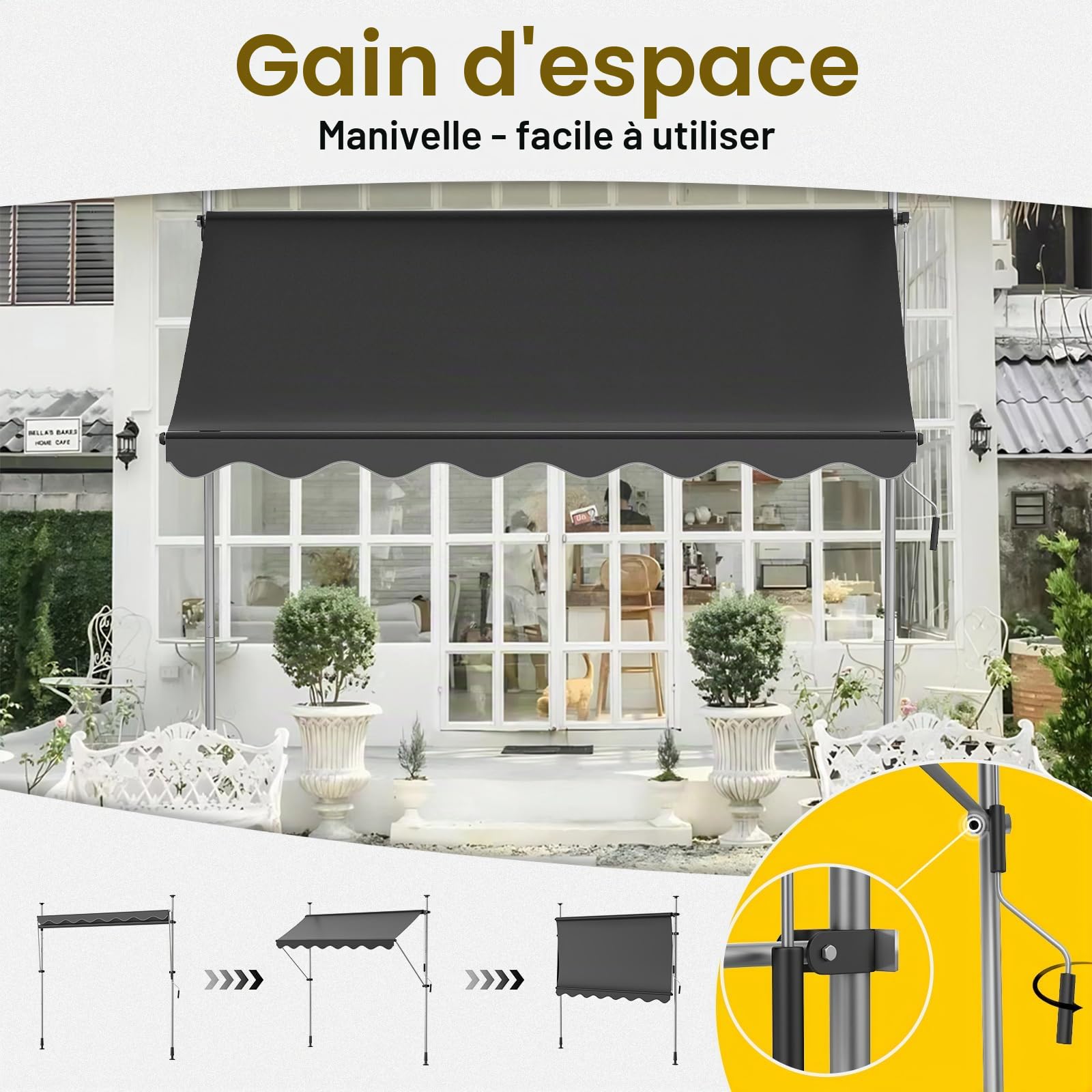 Store Balcon Store Banne Manuel Store Exterieur sans Percage, Résistant aux UV, Réglable en Hauteur, Hydrofuge, protège du Soleil, Toit de terrasse (250x120cm, Anthracite)