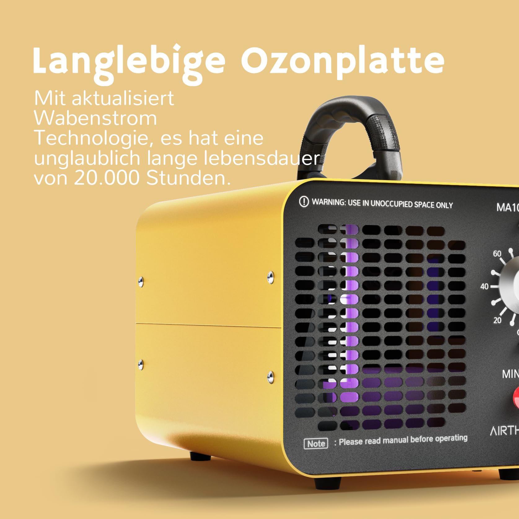 AIRTHEREAL MA10K-PRO Industrieller Ozongenerator 10.000mg/h – Professioneller O3 Geruchskiller mit Timer – Ozongerät für Keller, Auto, Rauch & Renovierung – Gelb