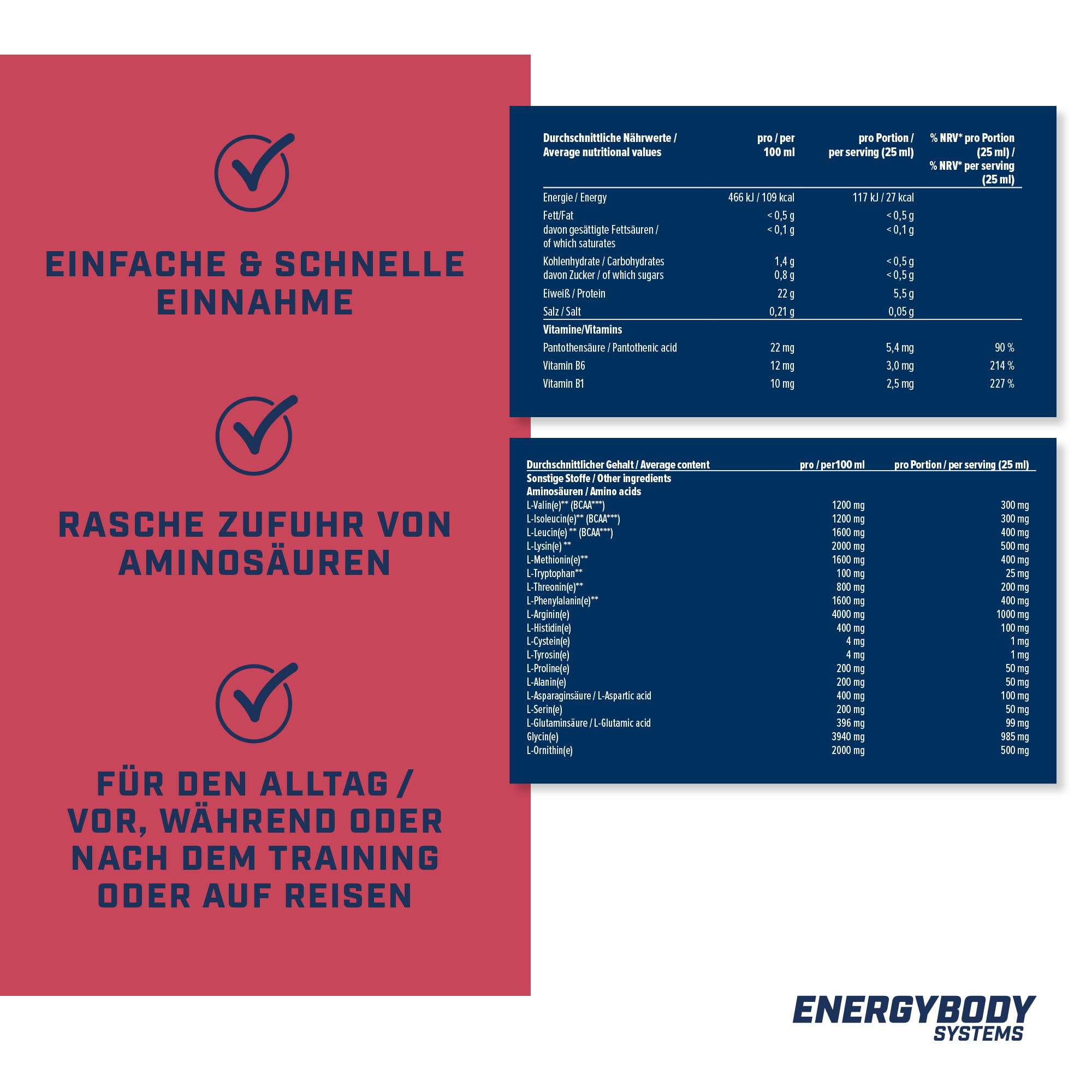 Energybody® 100% Anabol Aminosäuren Komplex hochdosiert flüssig - 30x25ml Ampullen - Amino Liquid mit 19 essentiellen EAAs, BCAAs & Vitaminen - Schwarze Johannisbeere