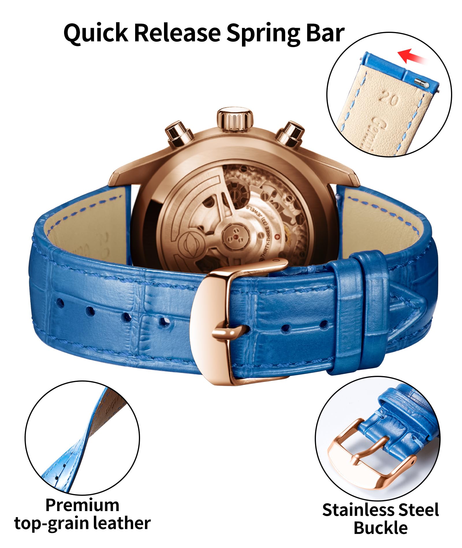 BINLUN Quick Release Leather Watch Straps Replacement Watch Bands Smart Watch Strap Crocodile Pattern in 10 Colors 13 Sizes with Silver/Gold/Rose-Gold Buckle for Men Women(10mm-24mm) — view 3