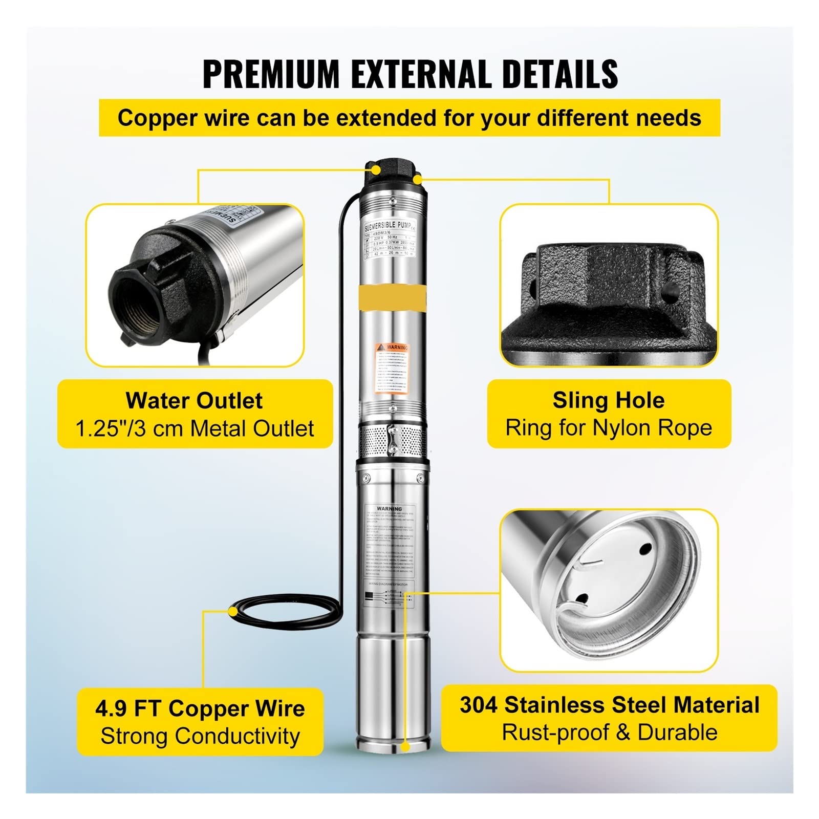 Amazon | 4インチ深井戸ポンプ、0.5HP 370W 25GPM 304ステンレス