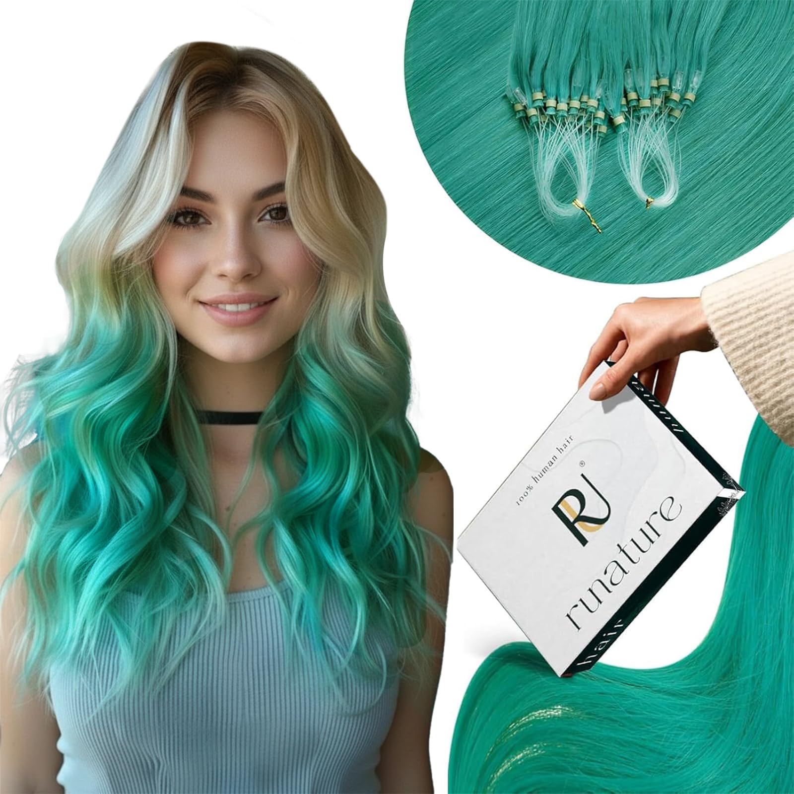 RUNATURE Micro Link Hair Extensions Human Hair 22 Inch Micro Bead Hair Extensions Real Human Hair Teal Hair Extension Micro Loop Remy Long Hair Pre