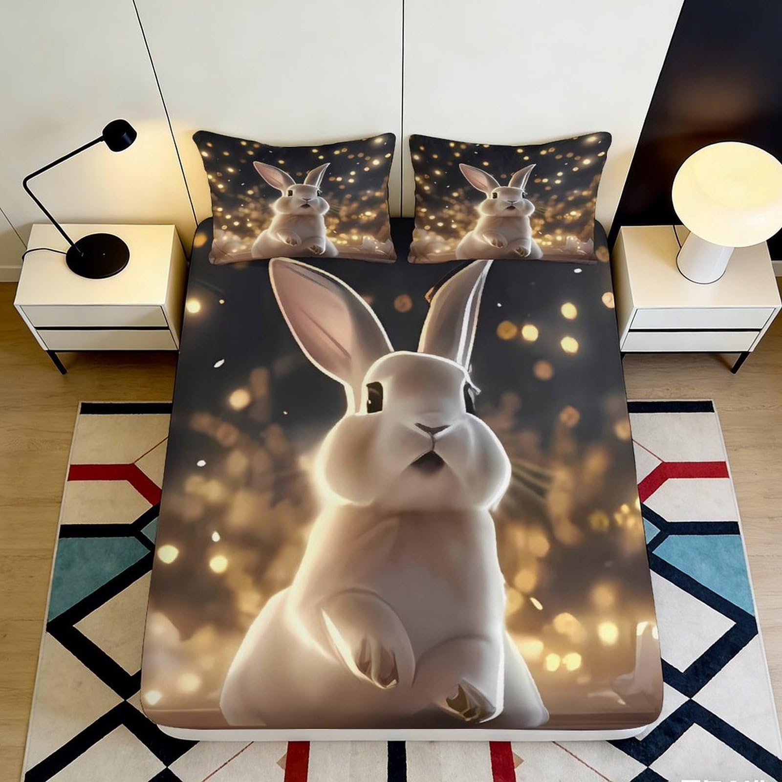 Jqzkxnhpbr Style-2 3D Printed White Rabbit Fitted Sheet Microfiber Soft Decorative Bunny Bed Cover For Bedroom Dorm Mattress Protection 90X200x25cm