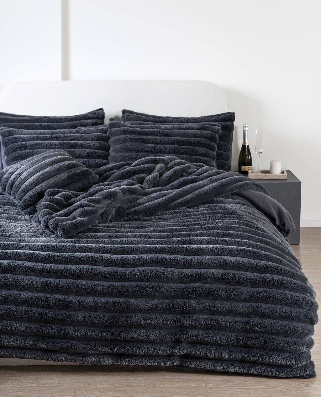 Amberlinnen Ltd Charcoal Big Cord Teddy Fleece Thermal Duvet Cover & Pillow Case Soft Warm Set (, Double: 198Cm X 198Cm)
