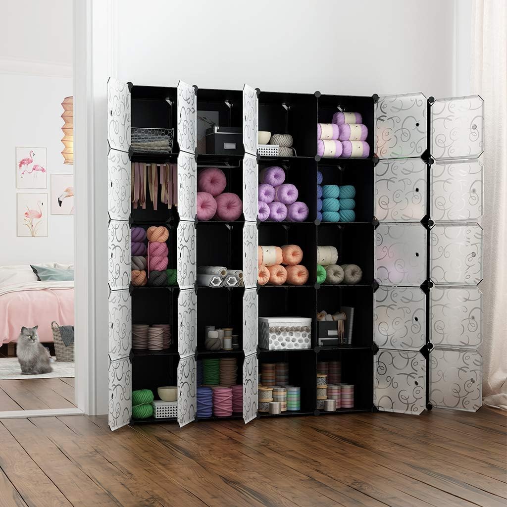 LANGRIA 25-Cube Storage Organizer Large Black DIY Stackable Easy Assemble Plastic Steel Frame Decorative Modular Clutter-Free Closet Rack Yarn Stash Wardrobe for Homes, Living Rooms, and Gardens