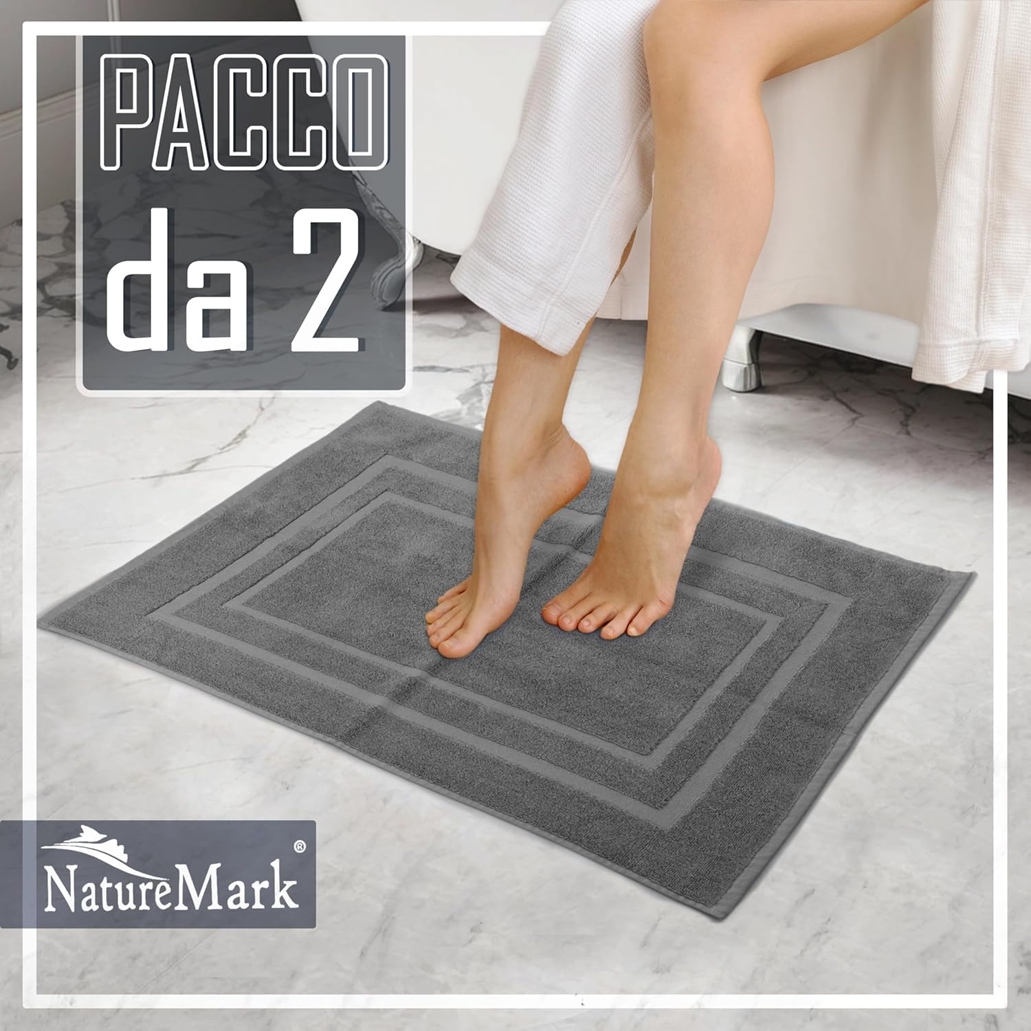 NatureMark Set di 2 Tappeti da Bagno 50x80 cm – Cotone Spugna 800 g/m² – Tappeti Bagno Spessi e Altamente Assorbenti – Asciugatura Rapida – Senza Base in Gomma – Grigio Antracite