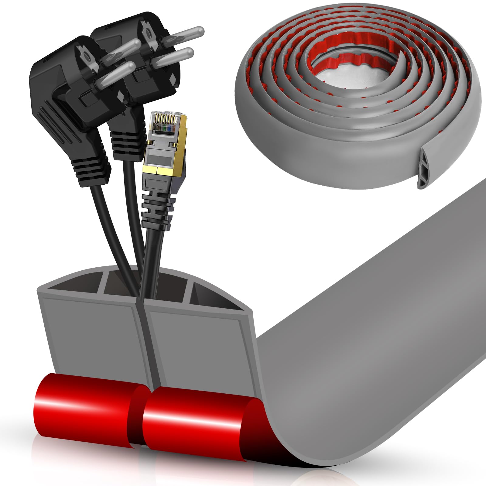 Floor Cord Cover Cavity 0.8"x0.37" Self Adhesive Cord Hider, 10FT Low Profile Cable Management, Extension Strip Protector for Wires, Prevent Cable Trips for Offices, Gyms, Exhibitions（Gray）