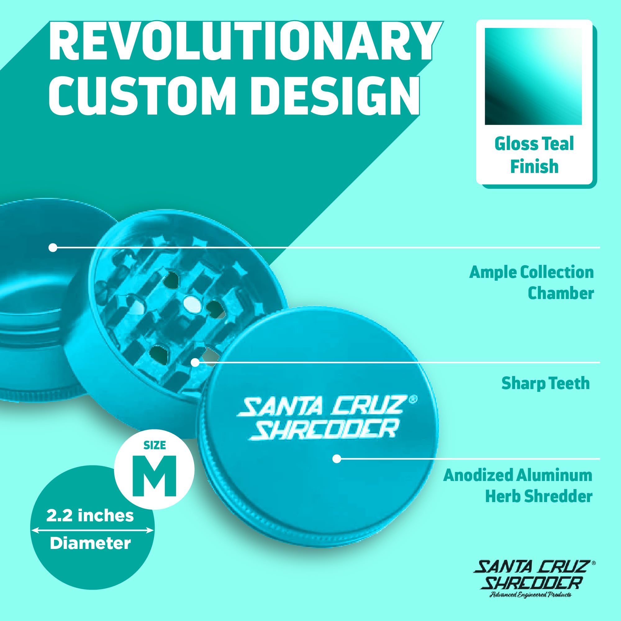 Santa Cruz Shredder Metal Herb Grinder Knurled Top for Stronger Grip 3-Piece Medium 2.2" (Teal) - Image 2