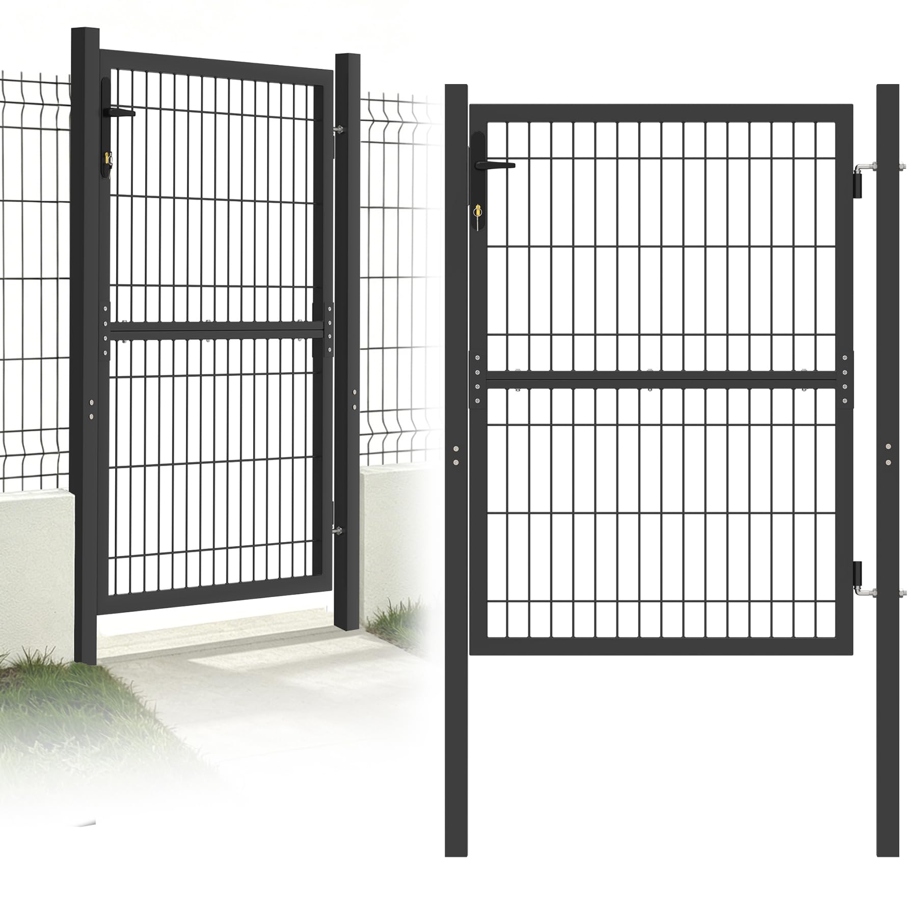 Froadp Cancelli da giardino a battente da 125 x 100 cm, zincati singoli, con pali della porta, maniglie in plastica e serratura a incastro, per giardini, magazzini, cantieri (antracite)