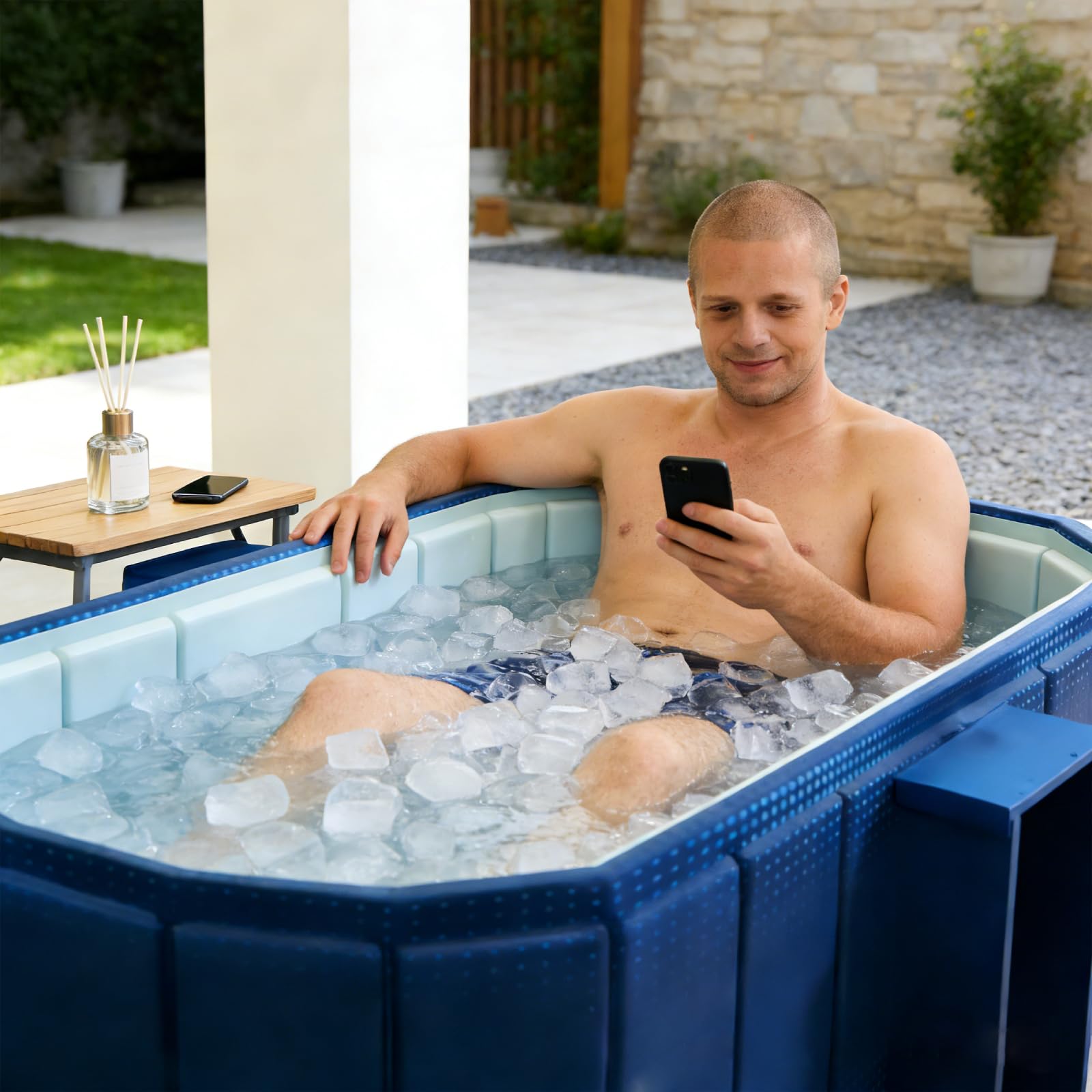 XUDREZ Bañera portátil para adultos, plegable, de pie, con estante de almacenamiento, bañeras de hielo caliente independientes, spa japonés, sauna, plegable, azul, 1,2 m