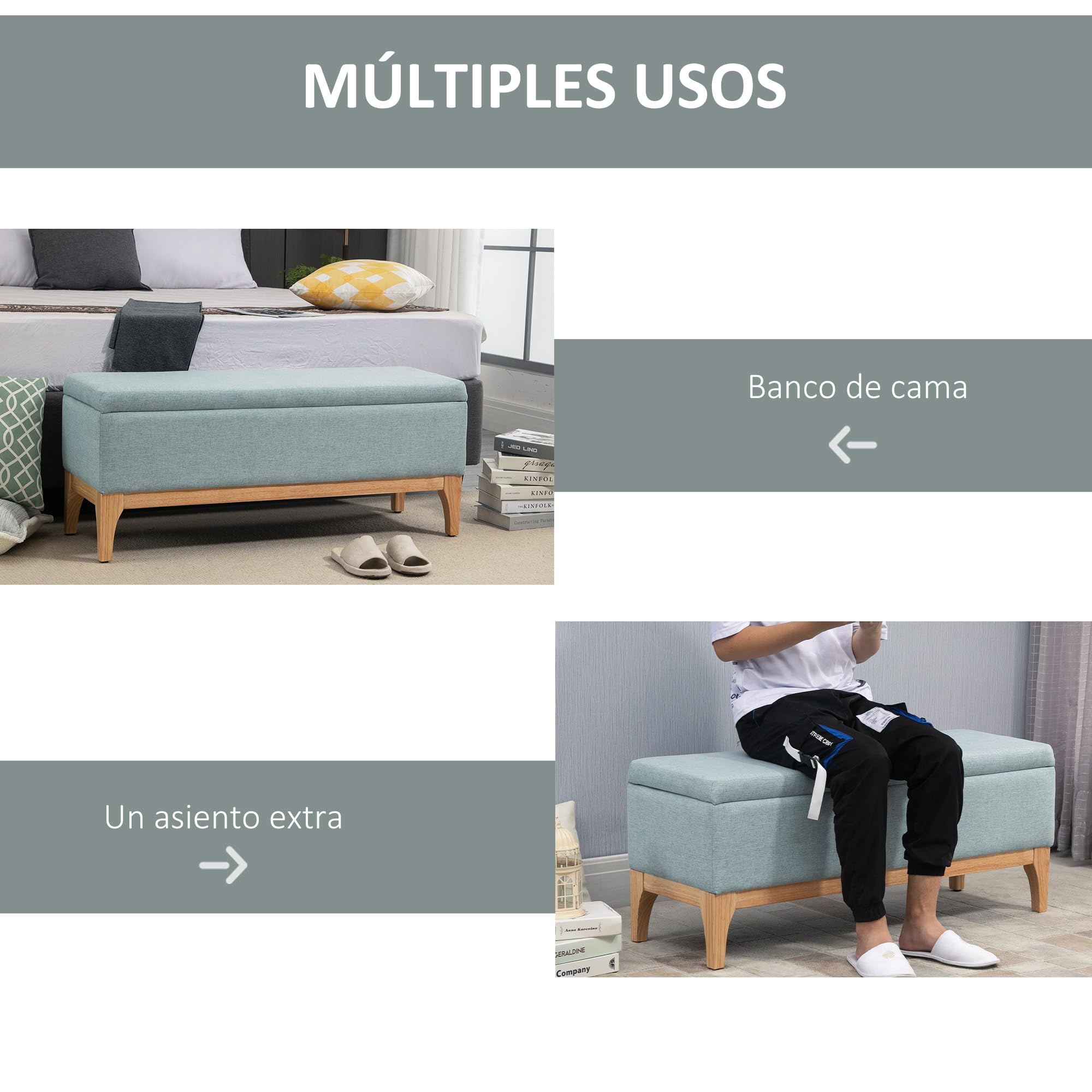 HOMCOM Baúl de Almacenaje para Dormitorio 72L Puff Almacenaje Tapizado en Lino Banco de Almacenaje con Patas de Madera y Almohadillas Ajustables para Entrada Salón 110x39x45 cm Gris Azulado
