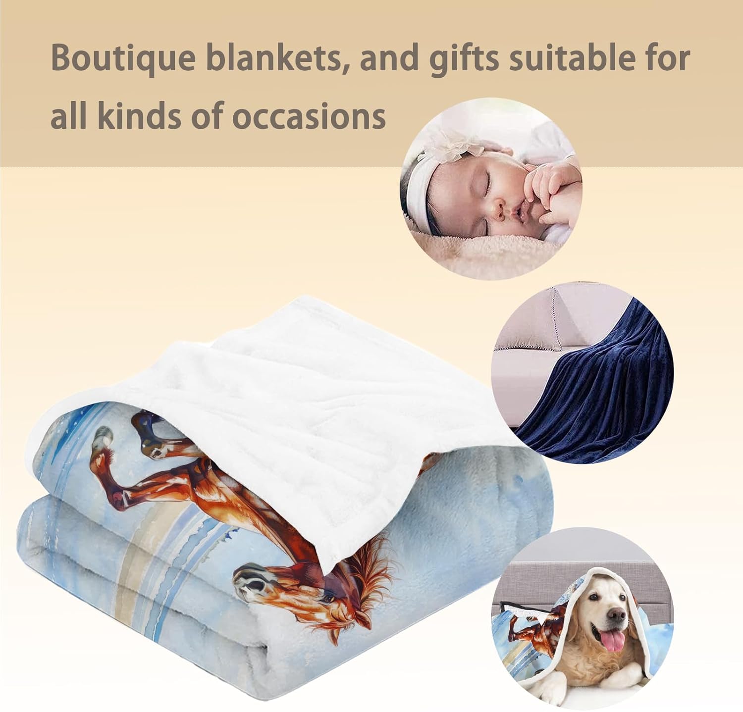 Watercolor Horse Blanket, Soft Fuzzy Lightweight Animal Flannel Throw Blanket for Couch, Bed, Travel & Outdoor Use, Warm Fluffy Cozy Decor Blankets for Adults Kids Women Girls 60×50 in