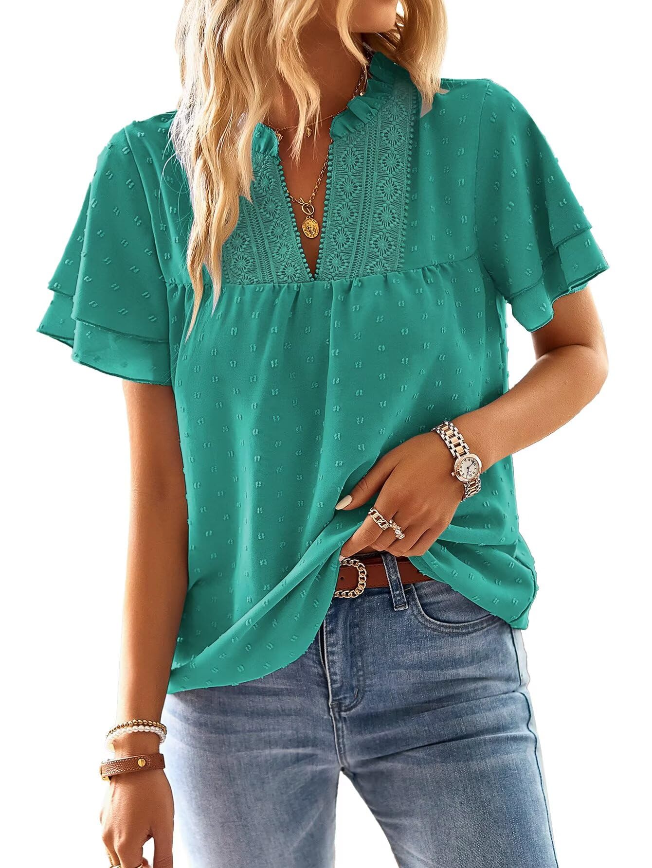 TUUHAW Top Damen Sommer Boho Bluse Kurzarm Oberteile Fließend Elegant V-Ausschnitt T Shirt Lässig Outfits Spitze Kleidung