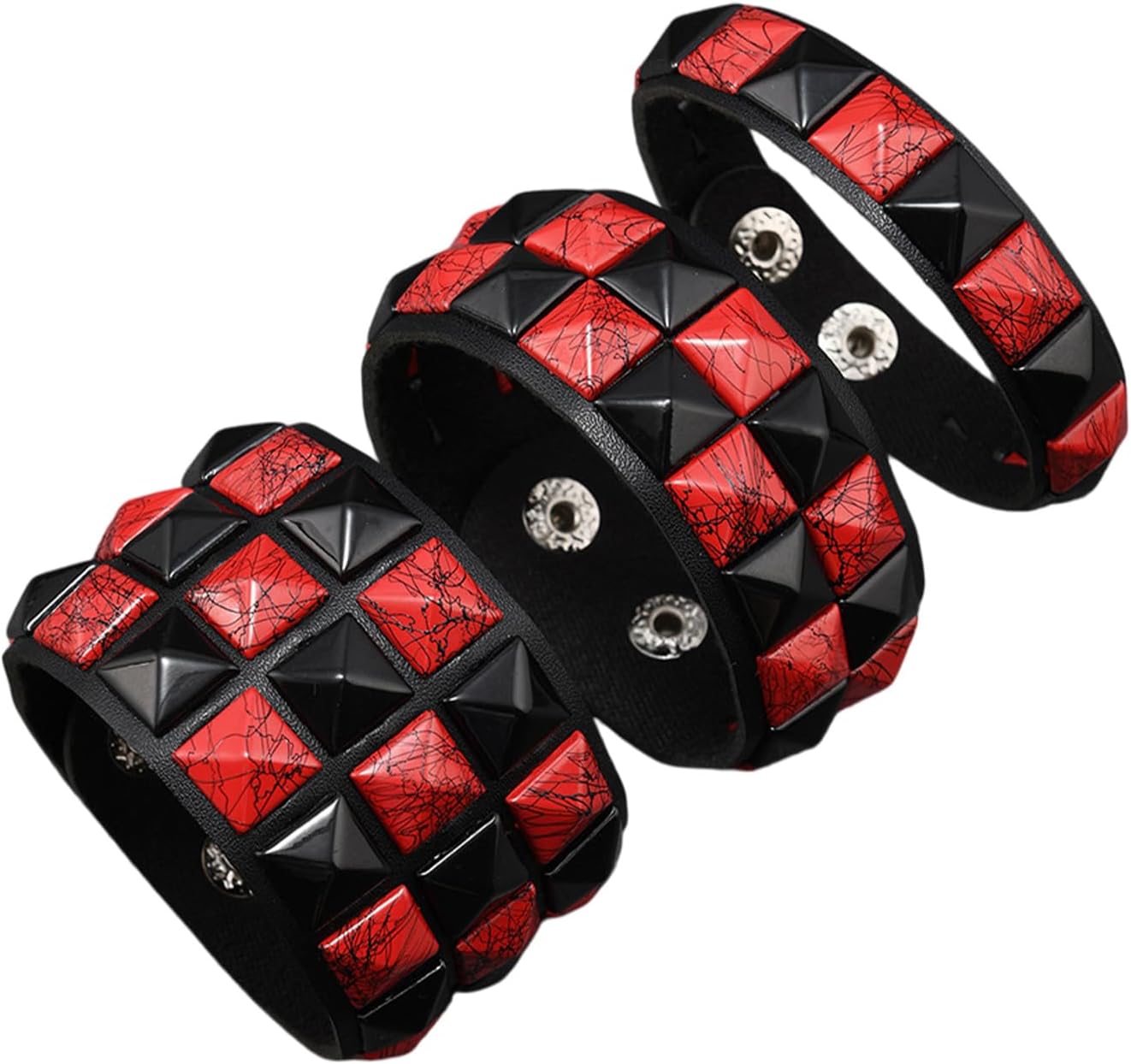 ASIJUNTYECHO 3 Piece Punk Bracelets Checkered Punk Leather Set Black Pink Adjustable Studded Cuff Bangle for Men Women