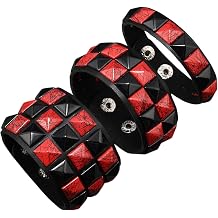 ASIJUNTYECHO 3 Piece Punk Bracelets Checkered Punk Leather Set Black Pink Adjustable Studded Cuff Bangle for Men Women