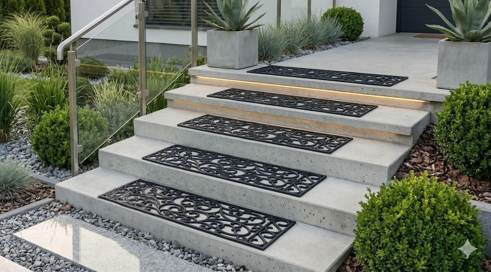 Jet-Line® | 5 Stück | Stufenmatte SCALA | schwarz | Relief | Rutschfeste Gummimatte | 25x75 cm | Ornament | Treppe | außen | outdoor | Antirutsch Matte | Gummi