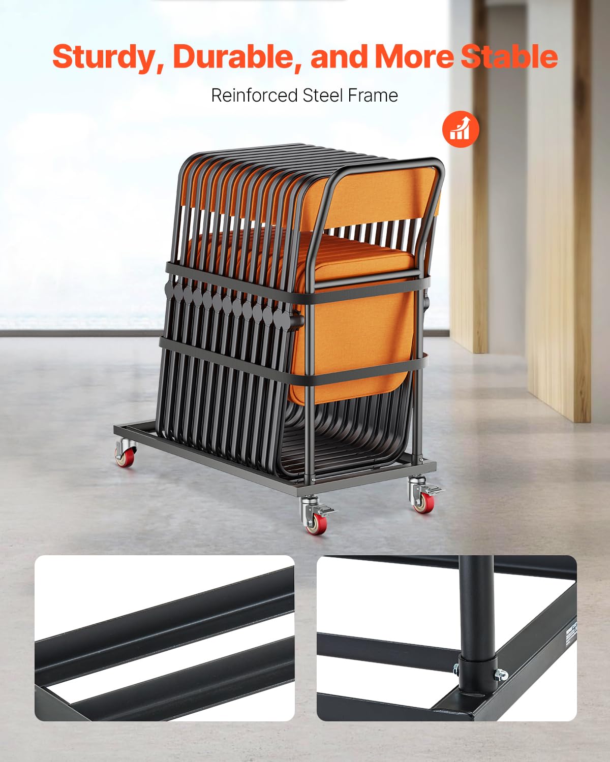 VEVOR Chariot de Chaise Pliante, Capacité de Charge 136 kg, Support en Métal Robuste pour 25 Chaises, Organiseur de Rangement Vertical Forme en L avec roulettes 360°, pour Salle à Manger, Noir Mat
