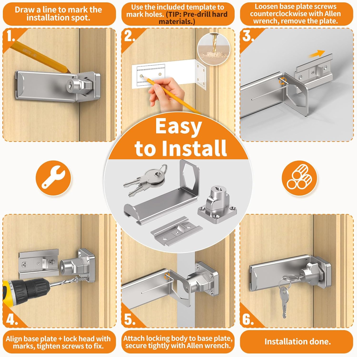90 Degree Sliding Door Lock, Security Right Angle Hasp Latch Lock, Gate Latch Fit for Barn, Garden, Fence, Patio (Silver, 3.3 in with Key-2 Pcs)