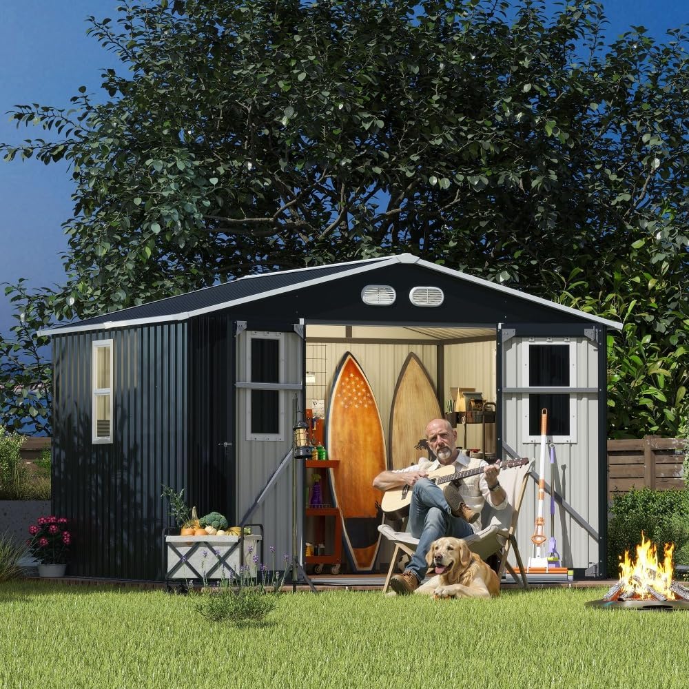 Outdoor Storage Shed with Lockable Doors and Daylight Windows for Yard Organization